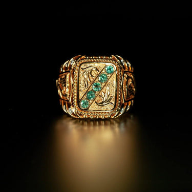 18k yellow gold men's signet ring with five natural alexandrites and ornate medieval design